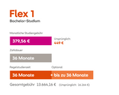 Flex 1 Bachelor-Studium: Monatliche Studiengebühr 379,56 €, Zahlungsdauer 36 Monate, Gesamtkosten 13.664,16 € (ursprünglich 16.164 €).