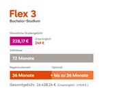 Flex 3 Bachelor-Studium: Monatliche Studiengebühr 228,17 € (ursprünglich 249 €), Zahldauer 72 Monate, Gesamtkosten 16.428,24 € (ursprünglich 17.928 €).