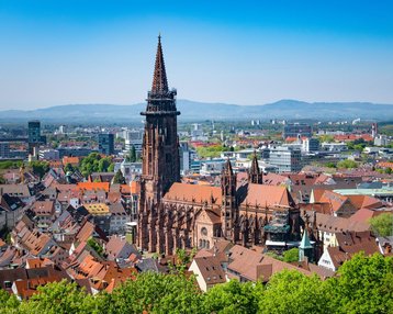 Eingang zur Aczepta Akademie für Pflegeberufe, mit einem grünen Schild über der Tür. Bunte Figuren sind im Fenster sichtbar, umgeben von Pflanzen und Bäumen.
