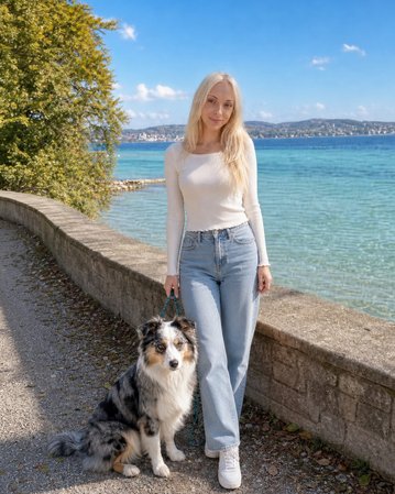 Eine Frau mit langen blonden Haaren steht neben einem Australian Shepherd-Hund an einem Uferweg mit Blick auf das Wasser.