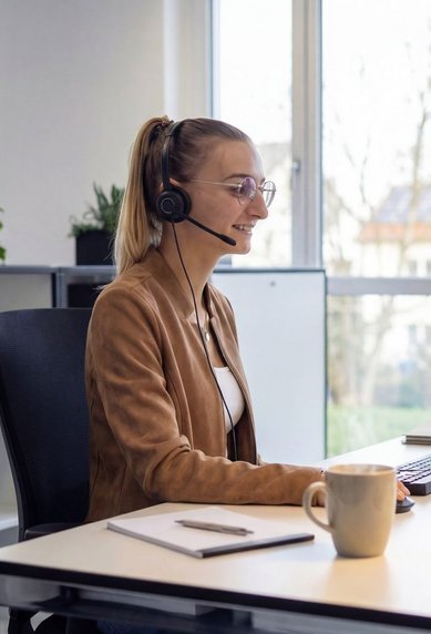 Eine Frau mit Headset sitzt an einem Schreibtisch und arbeitet am Computer, während sie in einem modernen Büro umgeben von Pflanzen ist.