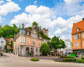 Bunte Gebäude in einer Stadt mit einem Hügel im Hintergrund, auf dem eine Burg steht. Der Himmel ist teilweise bewölkt, und es gibt Bäume sowie Straßenlaternen im Vordergrund.
