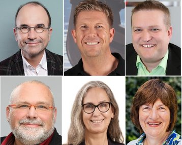 Sechs Porträts von Personen in verschiedenen professionellen Einstellungen. Die Personen lächeln und tragen unterschiedliche Kleidung, darunter Anzüge und Freizeitkleidung.