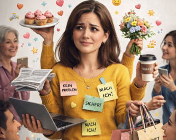 Eine Frau hält Cupcakes, Blumen und einen Laptop, umgeben von Menschen, die sie unterstützen. Auf ihrem Pullover sind Haftnotizen mit motivierenden Botschaften.