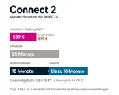 Connect 2 Master-Studium mit 90 ECTS. Monatliche Studiengebühr 539 €, Gesamtkosten 13.475 €, Regelstudienzeit 18 Monate, optional bis zu 18 Monate.