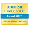 Beliebteste Fernhochschule Beliebteste Fernhochschule Award 2025, verliehen von FernstudiumCheck.de. Das Design ist in Gelb und Blau gehalten.
