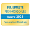 Beliebteste Fernhochschule Award 2025, verliehen von FernstudiumCheck.de. Das Design ist in Gelb und Blau gehalten.
