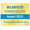 Beliebteste Fernhochschule Beliebteste Fernhochschule Award 2025, verliehen von FernstudiumCheck.de. Das Design ist in Gelb und Blau gehalten.