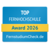 Top Fernhochschule Award 2026 von FernstudiumCheck.de, ausgezeichnet für herausragende Leistungen in der Fernbildung.