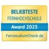 Beliebteste Fernhochschule Beliebteste Fernhochschule Award 2025, verliehen von FernstudiumCheck.de. Das Design ist in Gelb und Blau gehalten.