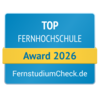 Top Fernhochschule Award 2026 von FernstudiumCheck.de, ausgezeichnet für herausragende Leistungen in der Fernbildung.