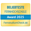 Beliebteste Fernhochschule Award 2025, verliehen von FernstudiumCheck.de. Das Design ist in Gelb und Blau gehalten.