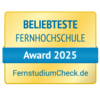 Beliebteste Fernhochschule Beliebteste Fernhochschule Award 2025, verliehen von FernstudiumCheck.de. Das Design ist in Gelb und Blau gehalten.