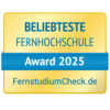 Beliebteste Fernhochschule Beliebteste Fernhochschule Award 2025, verliehen von FernstudiumCheck.de. Das Design ist in Gelb und Blau gehalten.