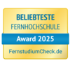 Beliebteste Fernhochschule Beliebteste Fernhochschule Award 2025, verliehen von FernstudiumCheck.de. Das Design ist in Gelb und Blau gehalten.