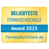 Beliebteste Fernhochschule Award 2025, verliehen von FernstudiumCheck.de. Das Design ist in Gelb und Blau gehalten.