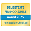 Beliebteste Fernhochschule Beliebteste Fernhochschule Award 2025, verliehen von FernstudiumCheck.de. Das Design ist in Gelb und Blau gehalten.