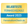Beliebteste Fernhochschule Beliebteste Fernhochschule Award 2025, verliehen von FernstudiumCheck.de. Das Design ist in Gelb und Blau gehalten.