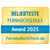 Beliebteste Fernhochschule Beliebteste Fernhochschule Award 2025, verliehen von FernstudiumCheck.de. Das Design ist in Gelb und Blau gehalten.