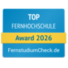 Top Fernhochschule Award 2026 von FernstudiumCheck.de, ausgezeichnet für herausragende Leistungen in der Fernbildung.