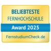 Beliebteste Fernhochschule Beliebteste Fernhochschule Award 2025, verliehen von FernstudiumCheck.de. Das Design ist in Gelb und Blau gehalten.