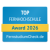 Top Fernhochschule Award 2026 von FernstudiumCheck.de, ausgezeichnet für herausragende Leistungen in der Fernbildung.