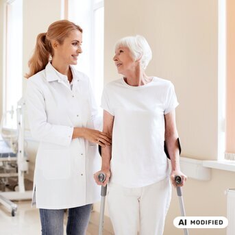 Rehabilitationspsychologie Studium | SRH Fernhochschule Eine Klinikmitarbeiterin unterstützt eine ältere Patientin, die mit Gehhilfen steht. Beide lächeln sich an, während sie in einem hellen Raum stehen. (KI modifiziert)
