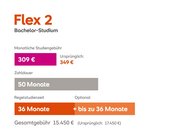 Flex 2 Bachelor-Studium: Monatliche Studiengebühr 302 € (ursprünglich 349 €), Zahldauer 50 Monate, Regelstudienzeit 36 Monate (optional bis zu 36 Monate), Gesamtkosten 15.100 € (ursprünglich 17.450 €).