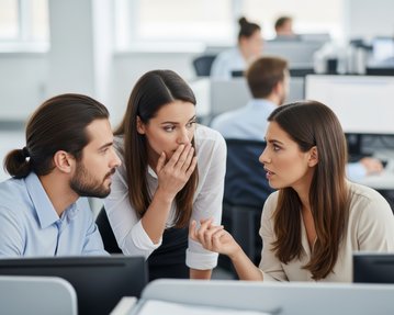 Drei Personen in einem Büro diskutieren angeregt, während andere Mitarbeiter an Computern arbeiten. Eine Frau flüstert, während die anderen aufmerksam zuhören.