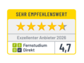 Sehr empfehlenswertes Zertifikat mit vier vollen und einem halben Stern. Auszeichnung als exzellenter Anbieter 2025 für Fernstudium Direkt mit einer Bewertung von 4,6.