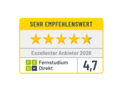 Sehr empfehlenswertes Zertifikat mit vier vollen und einem halben Stern. Auszeichnung als exzellenter Anbieter 2025 für Fernstudium Direkt mit einer Bewertung von 4,6.