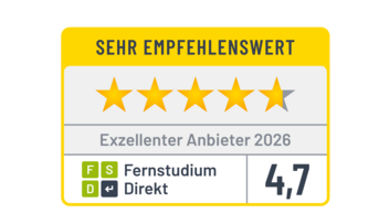 Sehr empfehlenswertes Zertifikat mit vier vollen und einem halben Stern. Auszeichnung als exzellenter Anbieter 2025 für Fernstudium Direkt mit einer Bewertung von 4,6.