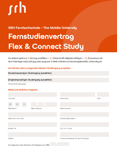 Antrag auf Immatrikulation (Master) Fernstudienvertrag und Antrag auf Immatrikulation der SRH Fernhochschule. Enthält Felder für persönliche Angaben, Studiengangsauswahl und Anweisungen zur Einreichung des Vertrags per E-Mail.