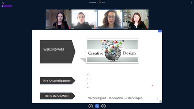 Virtuelle Besprechung mit vier Teilnehmerinnen. Eine Präsentation zeigt den Titel "Creative Design" sowie die Punkte "Wer sind wir?", "Ihre Ansprechpartner" und "Dafür stehen WIR!" mit dem Thema Nachhaltigkeit und Innovation.