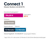 Connect 1 Master-Studium mit 60 ECTS. Monatliche Studiengebühr: 704 €, Gesamtkosten: 8.448 €. Dauer: 12 Monate, optionale Verlängerung verfügbar.