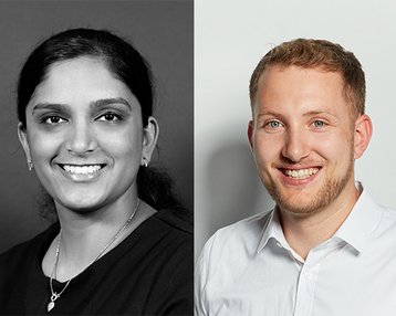 Zwei Porträts von Personen: links eine Frau mit dunklem Haar und Ohrringen, rechts ein Mann mit kurzem, blondem Haar und einem weißen Hemd. Beide lächeln in die Kamera.