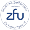Logo der Deutschen Zentralstelle für Fernunterricht (ZFU) mit dem Schriftzug "ZFU" und dem Hinweis auf die Zulassung.