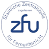 Logo der Deutschen Zentralstelle für Fernunterricht (ZFU) mit dem Schriftzug "ZFU" und dem Hinweis auf die Zulassung.