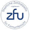Logo der Deutschen Zentralstelle für Fernunterricht (ZFU) mit dem Schriftzug "ZFU" und dem Hinweis auf die Zulassung.