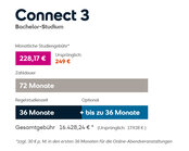 Connect 3 Bachelor-Studium: Monatliche Studiengebühr 228,17 €, Gesamtkosten 16.428,24 € über 72 Monate, Regelstudienzeit 36 Monate.