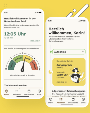 Screenshots des Prototyps der Klinikbuddy-App, die von Design-Studierenden mithilfe von UX-Design und Design Thinking Methoden entwickelt wurde.